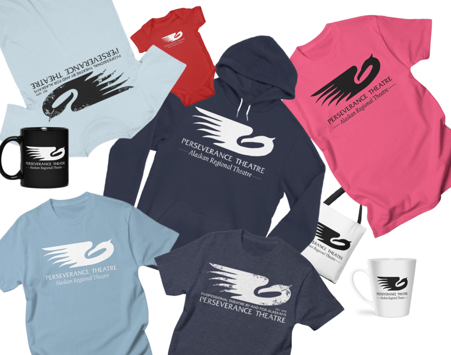 Perseverance Theatre Merchandise including mugs, tshirts, and hoodies